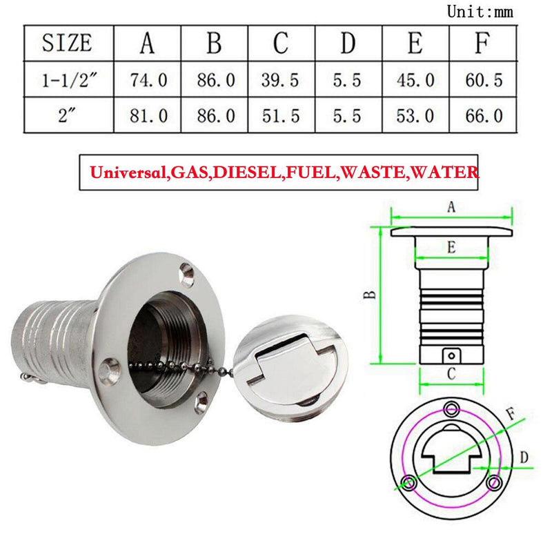 1.5" 38mm Marine Stainless steel 316 Deck Filler Fill Keyless Cap boat Hardware Accessories Socket yacht (Option: Diesel, 1.5" /38mm) Option: Diesel