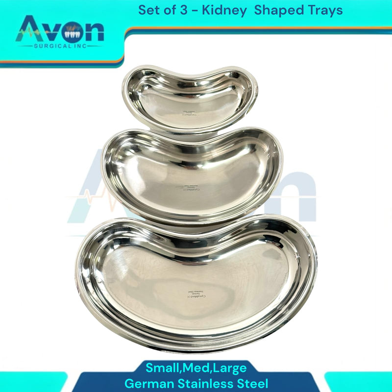 Set of 3 - Kidney Trays Small, Medium, Large - Kidney Shaped Emesis Basin, Dental Lab Instrument Trays, Reusable Metal Kidney Dish, for Soiled Dressings, Instruments, Supplies