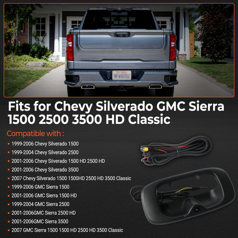 Tailgate Handle Backup Camera Compatible with 1999-2006 Chevy Silverado GMC Sierra 1500 2500 3500 HD Waterproof Reversing Rear View Back Up Camera, Tailgate Handle Backup Kit Replaces# 15228541 1999-2006 Chevy Silverado 1500