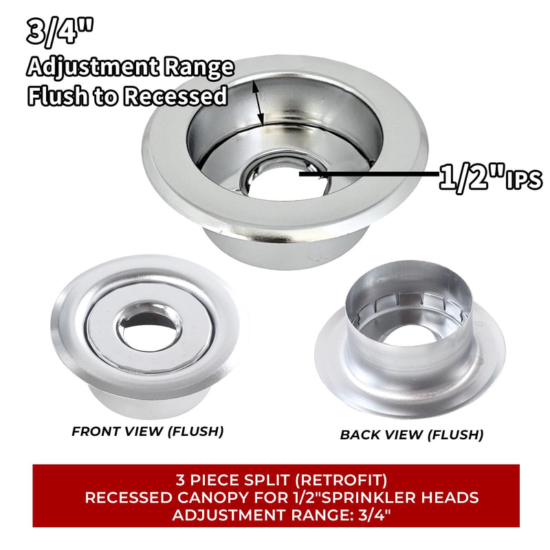 10 Pack 1/2'' IPS Fire Sprinkler Escutcheon - 3/4" Depth Adjustment Range, Recessed Chrome Escutcheon Plate Split 2 Piece for Fire Sprinkler Trim
