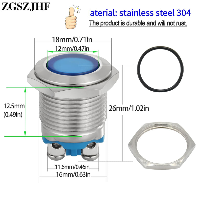 16mm 5/8" Indicator Light Blue Waterproof Large Light Stainless Steel Signal Lamp 12 Volt Led Lights 12V-24V DC/AC LED Pilot Lamp 12~24V