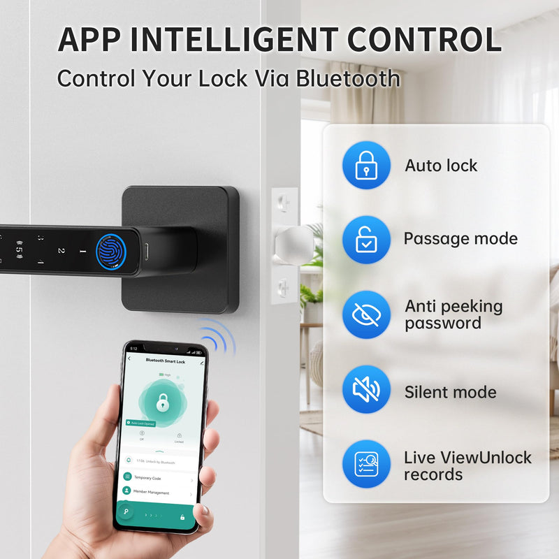 Fingerprint Door Lock-Smart Door knob, Biometric Door Locks,with App/Code/Backup Key/Fingerprint/IC Card, Smart Door Knob Keyless Entry Door Lock with Handle for Home Hotel Office Apartment Bedroom Black