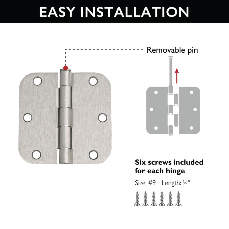 Design House 181412 Door Hinges for Interior Doors 5/8-inch Radius Steel Door Hinge Door Hardware, 3-1/2-inch x 3-1/2-inch, Satin Nickel, 3-Pack