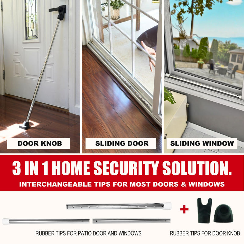 Door Stoppers Security Bar, SECURITYMAN 3 in 1 Adjustable Door Security Bar & Sliding Door Security Bar - Heavy Duty Door Lock Stick Jammer for Apartment, Dorm, Front Door Inside Safety Must Haves 1 Pack Chrome
