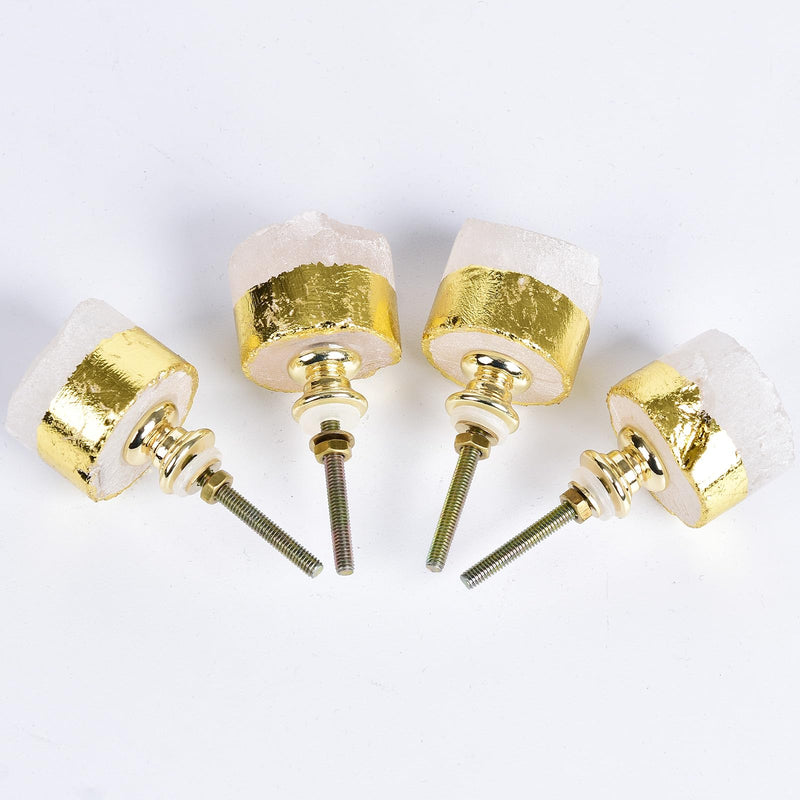 JIC Gem 4 Pack Clear Quartz Crystal Cabinet Knobs Gold Plated Drawer Pulls Home Office Decor Clear Quartz, 4pcs
