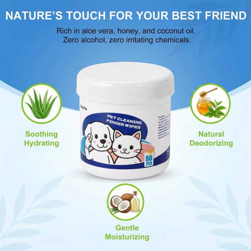 Vet-Recommended Pet Finger Wipes, Coconut Scent 60CT, Triple Clean Dental, Tear Stain & Ear, Freshen Breath & Remove Plaque Tartar, Replace Toothbrush Paste, Friendly to Timid Shy Pets