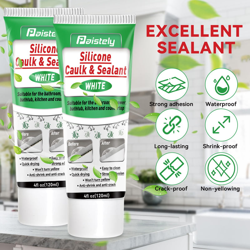 White Silicone Caulk Bathroom, White Caulking Silicone Waterproof, Bathroom Caulk for Kitchen & Bathroom, Shower, Countertops, Long-Lasting, Shrink & Crack Proof