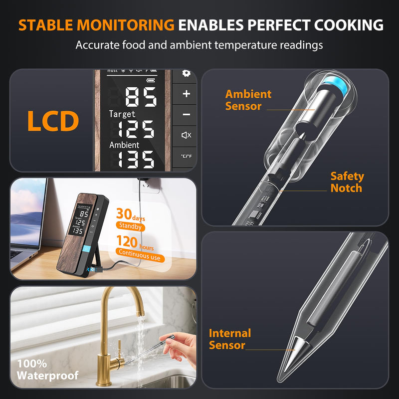 AI Smart Wireless Meat Thermometer, 10X Enhanced Signal and Stability, with High-Accuracy Sensors, Standalone Display Base, Instant Read LCD & App Control for Kitchen,BBQ,Oven,Grill,Air Fryer 1-Probe Kit