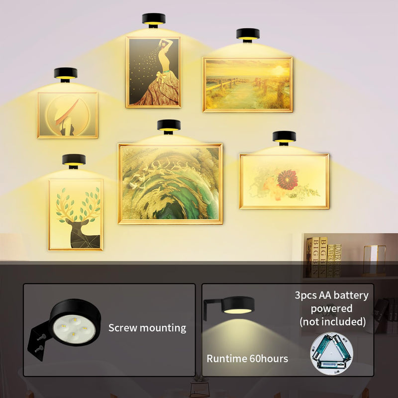 3PACK Picture Light Battery Operated with Remote, Painting Light for Art with 3 Lighting Colors&Dimmable, LED Art Display Accent Light on Wall for Pictures Dartboard Photo Frame Portrait Black