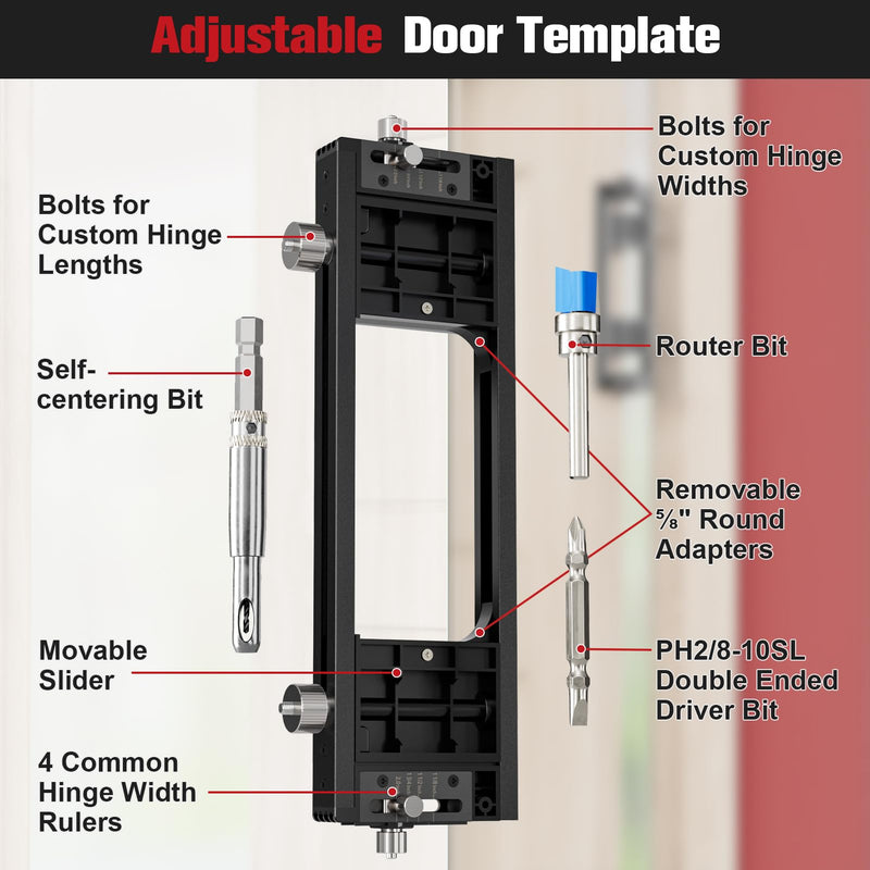 Door Hinge Template Kit, Portable Mortiser for Square & Radius Hinges - Full Flexibility for Hinge Size & Shape, Durable Aluminum & Plastic Build, Black