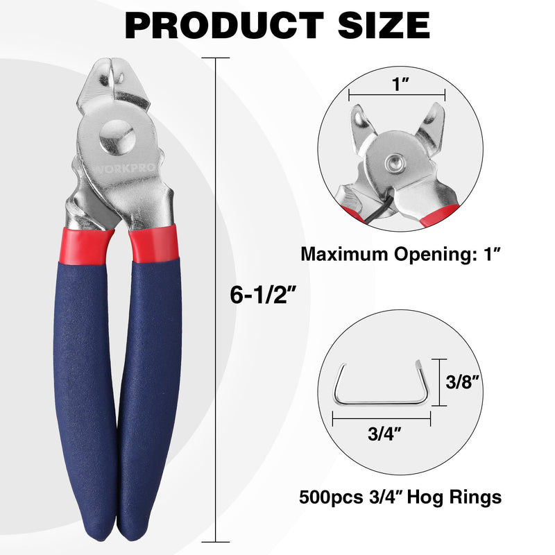 WORKPRO Bent Hog Ring Pliers with 500 Pcs 3/4" Hog Rings, Galvanized Steel Hog Rings Perfect for Furniture Upholstery, Auto Upholstery, Meat & Sausage Casings Bent Hog Ring Pliers Set