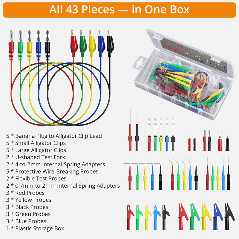 Neoteck Multimeter Leads,43pcs Back Probe Test Lead Kit with Alligator Clips Electrical,CAT II 600V,Pure Copper Leads with PVC Insulation,5 Color Probes,for Automotive Circuit & Home Appliance Testing