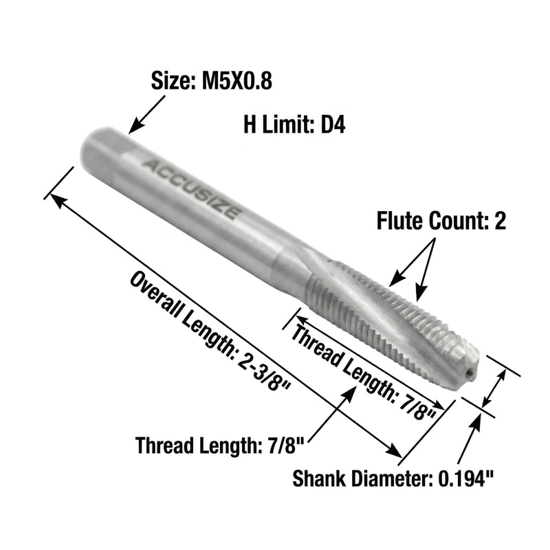 Accusize Tools - H.S.S. Metric Spiral Point Taps, American Standard, Fully Ground (Size: M5X0.8, Flute: 2) | Fully Ground Bright Finish, Right-Hand Cut, Square Shank, H Limit D4, American Standard, SPT-5M-08x10