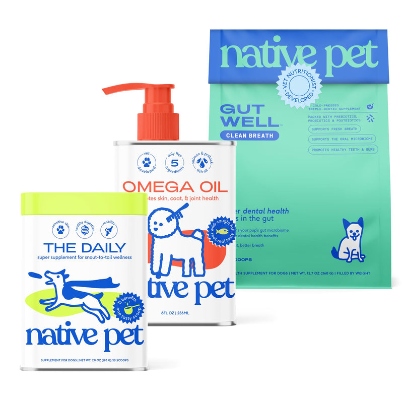 Native Pet Complete Wellness Trio: 60 Scoops GutWell Clean Breath - Dog Breath Freshener, 30 Scoops 11-in-1 Vitamins & Supplements & 8 Oz Omega 3 Fish Oil for Dogs & Cats