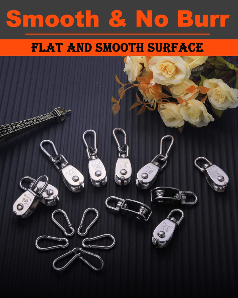 5 Pcs M15 Single Pulley Block, 304 Stainless Steel Lifting Crane Pulley, Wire Rope Hanging Pulley Wheel, with 5 Pcs Spring Snap Hook 5*M15 Pulley/Hook