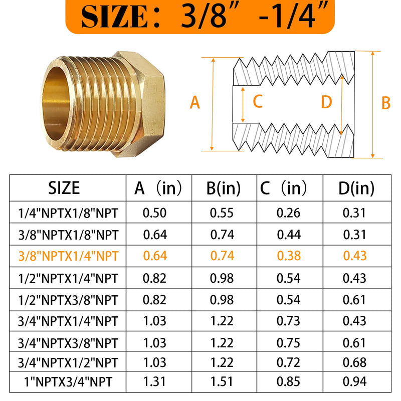 2 Pcs Brass Bushing 3/8" Male to 1/4" Female, 3/8" to 1/4" NPT Adapter Hex Brass Reducing Pipe Adapter Fitting Pipe Hose Tube Adapter Convert NPT 3/8" male to 1/4" female
