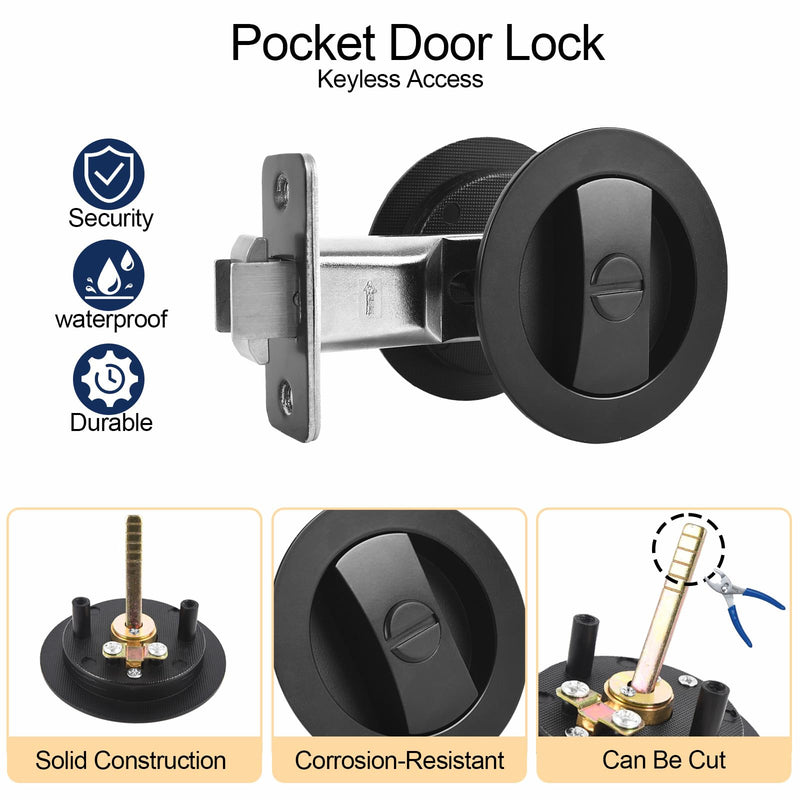 Matte Black Pocket Door Lock Zinc Alloy Pocket Door Latch, Double-Sided Sliding Door Handle Invisible Keyless Flush Pocket Door Hardware for Privacy Sliding Door, 2-3/8" Backset (Round) Round