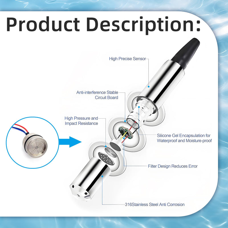 Submersible Level Transmitter, Liquid Water Level Transmitter Sensor 5M Cable Detect Controller Float Switch Pressure Transmitter, 4-20MA Stainless Steel Liquid Level Sensor for Pump Water 0-5M