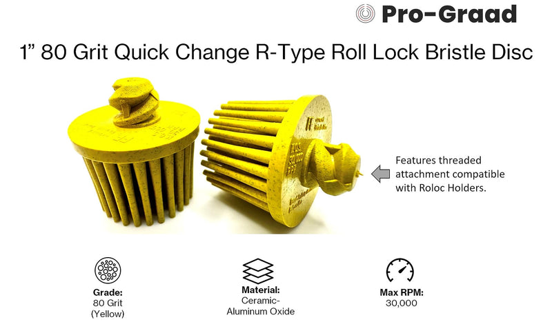 5 Pack 1" 80 Grit Yellow R-Type Bristle Disc | Ceramic-Aluminum Oxide Abrasive Bristle Disc with Quick Change Roll Lock | Compatible with Roloc Holders | Pack of 5 | Yellow 1" 80 Grit (Yellow) 5.0