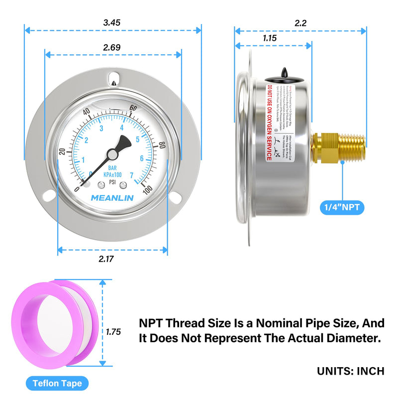 MEANLIN MEASURE 0~100Psi Liquid Filled Pressure Gauge Front Flange Panel Mount, 1/4" NPT 2.5" FACE DIAL Stainless Steel Case with Phillips Screw and Nut, +/-3-2-3% 0-100Psi