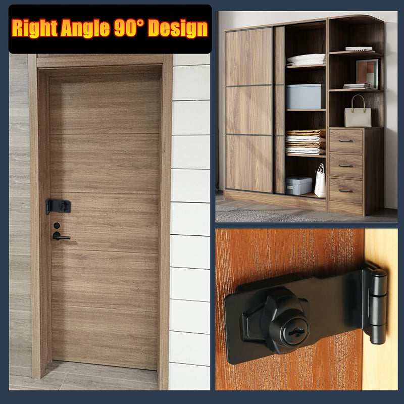Alise Keyed Hasp Lock Right Angle 90°,4 Inch Safety Packlock Clasp Hasp Lock Latch with Lock, Black Door Hinge Lock with Keys Keyed Locking Hasp for Cabinets Closets Doors 4 Inch