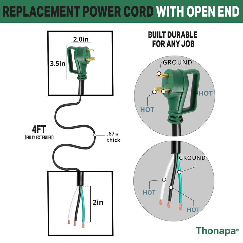Thonapa 30 Amp RV Replacement Cord 4 ft - 10/3 RV Extension Cord NEMA TT-30P with Open End 3 Wire - Heavy Duty 10 Gauge STW RV Power Cord 4 Foot
