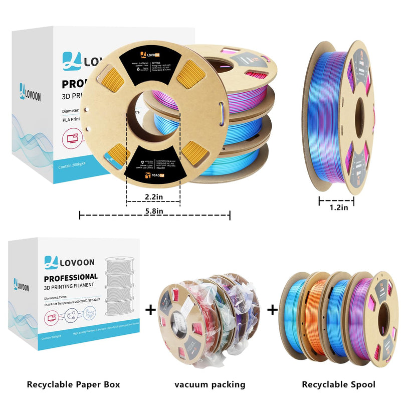 8 * 200g PLA Printer Filament 1.75mm, Tricolor Bundle& Dualcolor Bundle, Dimensional Accuracy +/-0.02mm, 2 Pack