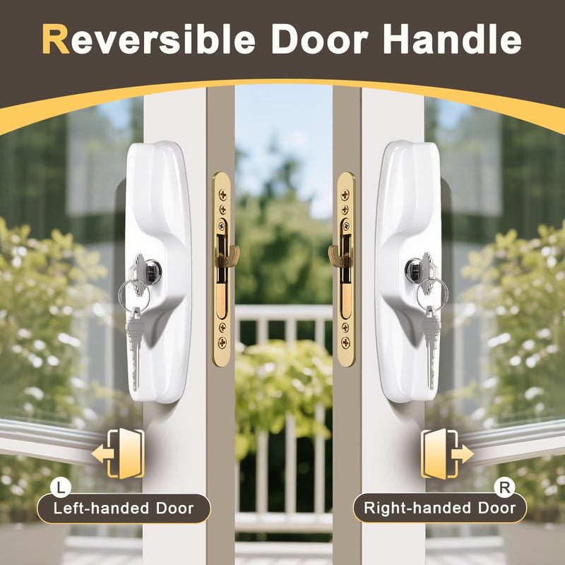 Knobonly Keyed Patio Sliding Door Handle Set, Replacement Slider Handle Set for Glass Door, Fit Standard 1’’ to 2’’ Thick Doors, 3-15/16’’ Hole Spacing, Reversible Design, with Mortise Lock White