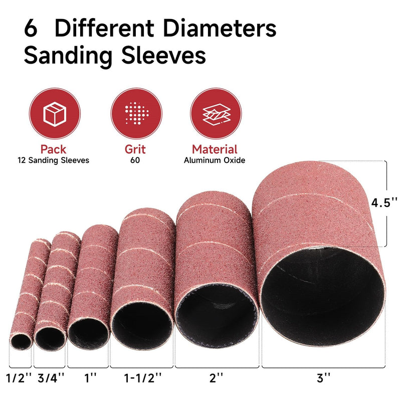 Spindle Sander Sleeves,12PCS Oscillating Sanders for Woodworking,60 Grit Sanding Drums for Dremel Rotary Tool, 4-1/2”Length,1/2”, 3/4”,1”,1-1/2”,2”,3”Diameter 60 Grit