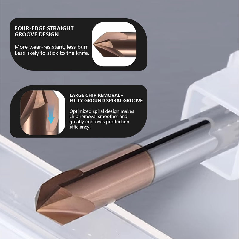 1/2" Carbide Chamfer End Mill 90 Degree - V Groove, 4 Flutes TISIN Coating Mill Bits Sets for Alloy Steels, Hardened Steels 1 1/2" 90°