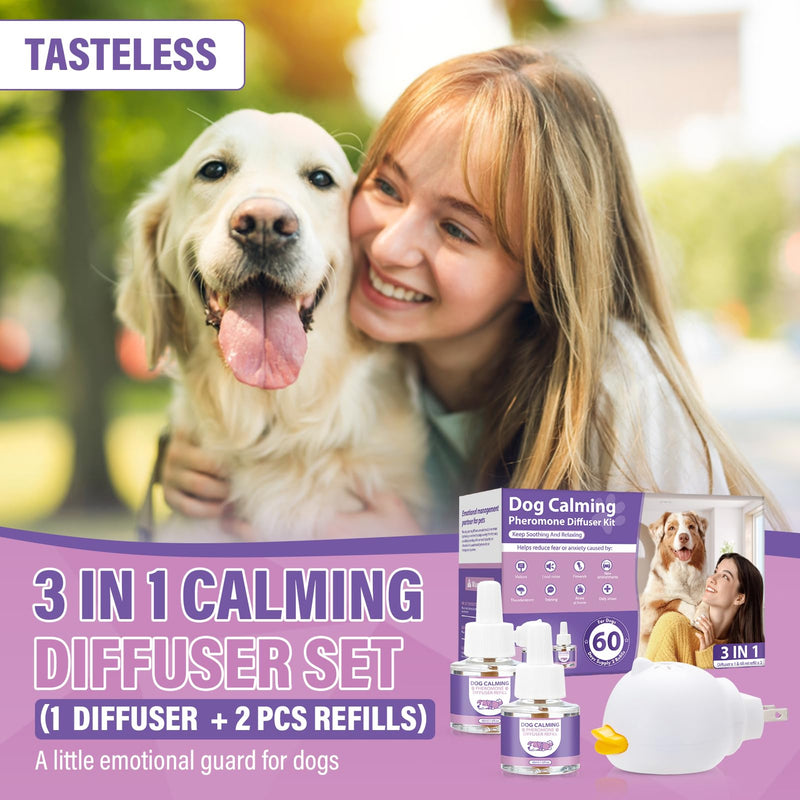 Dog Pheromones Calming Diffuser 3 in 1 Advanced Kit Appeasing Pheromone Diffuser to Calm Pet (1 Plug in+2x48ml Refill) for Anxiety Relieve Relief Reduce Aggression Fighting Stress (Tasteless) Tasteless