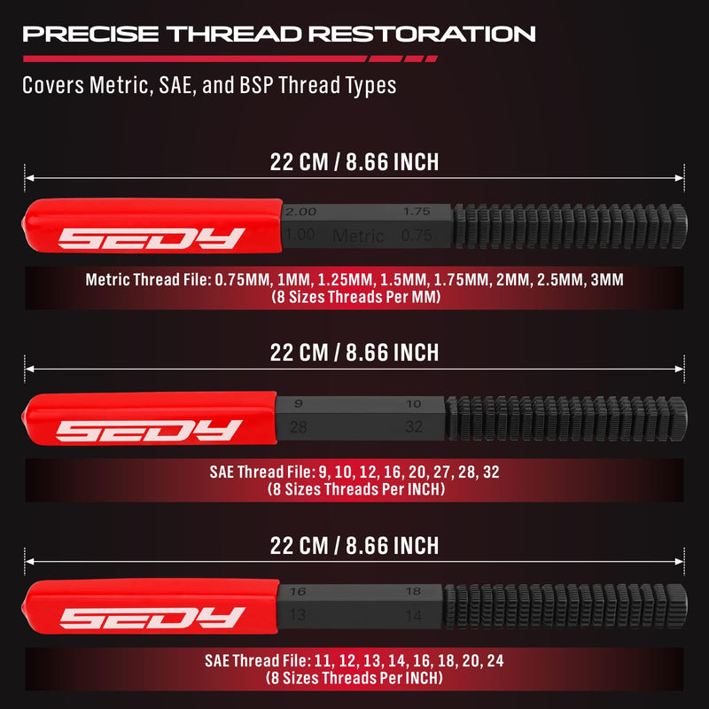 Thread Restorer File Chaser Set: 3-Piece Thread Restoring Chaser Files Metric and SAE Thread Restorer File Set Thread Repair Tool for Hardware DIY