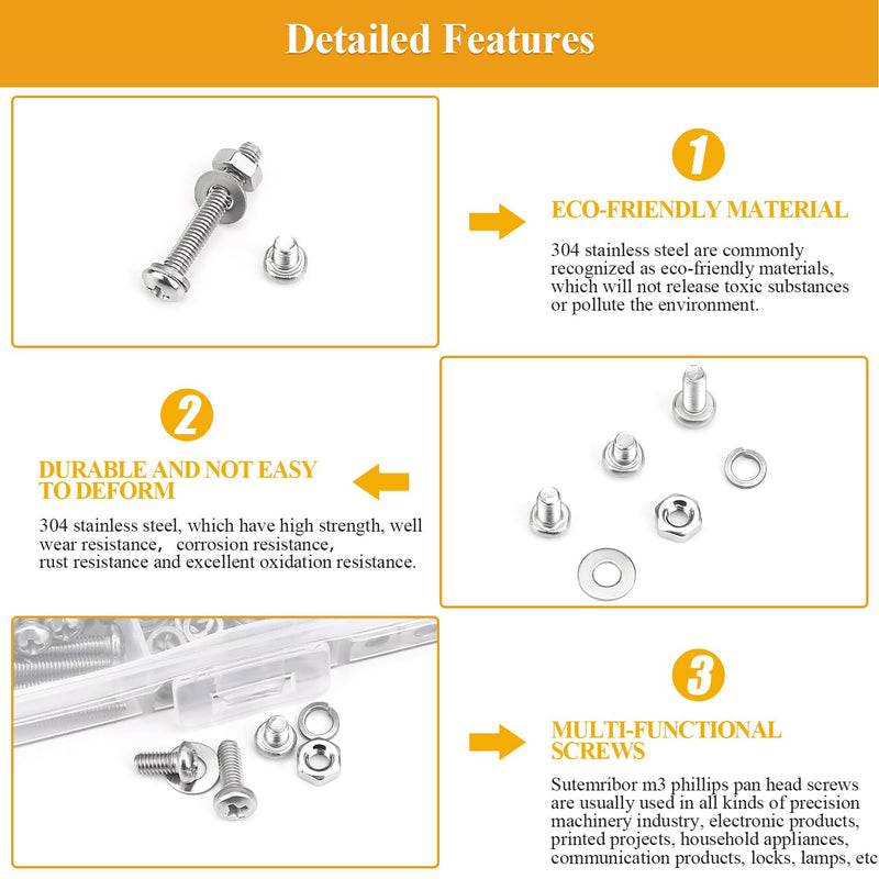 565 Pieces M3 Machine Screws Nuts Washers Set, Sutemribor M3 x 4/6/8/10/12/16/20mm Phillips Pan Head Machine Screws Nuts Washers Assortment Kit, 304 Stainless Steel, Fully Threaded