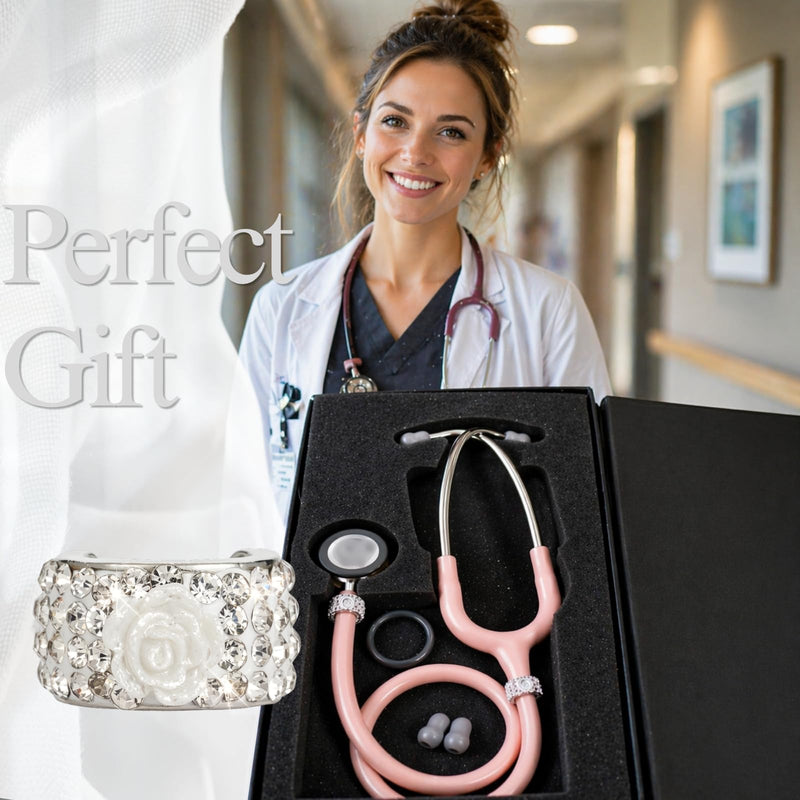 Stethoscope Charms for Nurses, 2PCS Camellia Flower Rhinestone Stethoscope Jewelry, Elegant White Floral Stethoscope Accessories, Compatible with Littmann, Graduation, Mother’s Day Gift