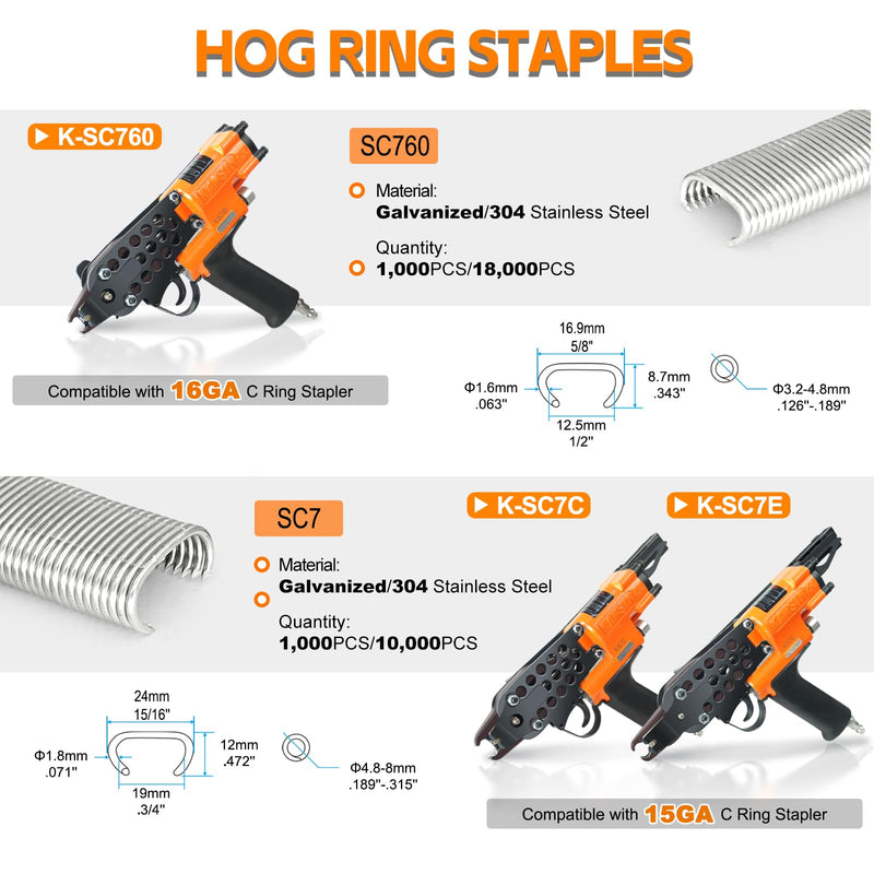 Kamsin SC760 16 Gauge C Ring Staples 1/2" Inside Crown 5/8" Outside Crown Hog Rings 304 Stainless Steel Collated for Staple Gun 1,000 PCS/Pack 1000