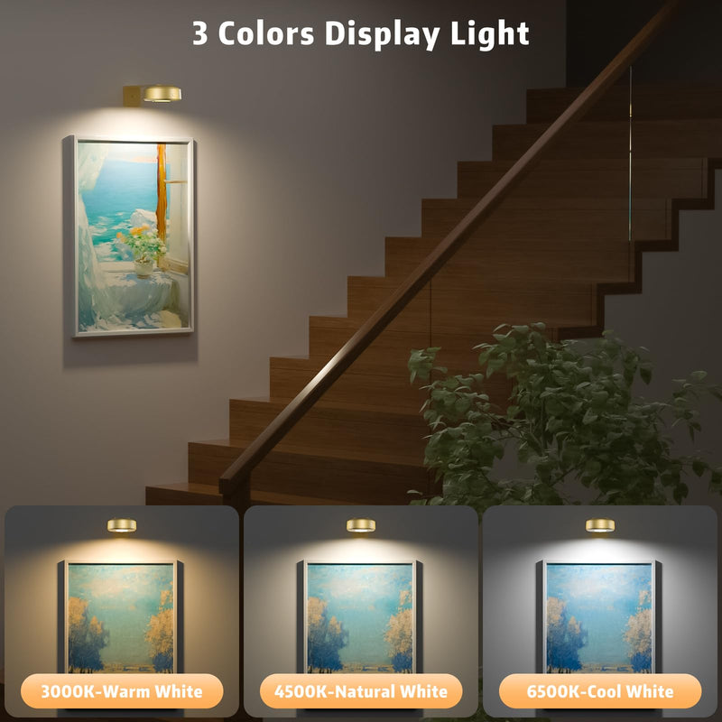3PCS Picture Lights with Remote, Wireless Rechargeable Battery Wall Light for Paintings, 3 Colors Paintings Light Dimmable and Timer Metal Art Light for Display, Wall, Artwork, Gallery (Gold) Gold