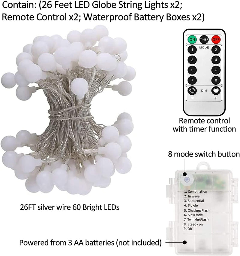Battery Operated LED Globe String Lights, 2-Pack Total 52FT 120LEDs - Each 26FT 60LEDs 8 Mode Waterproof Christmas Fairy String Lights with Remote for Home Bedroom Garden Wedding Party Decoration Warm White/2-Pack