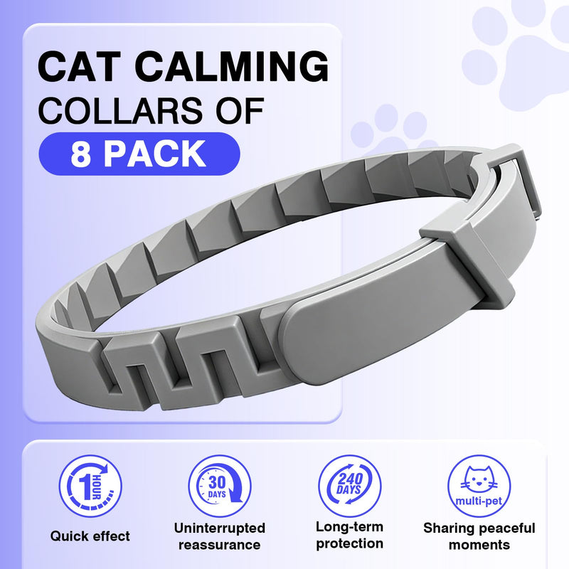 Calming Collar for Cats 8 PK Cat Stress and Anxiety Relief Pheromone Collar for Cats Anti Aggression for Cats Cat Meowing Stopper Cat Calming Collars for 30 Days Adjustable Waterproof Rapid Effect Grey