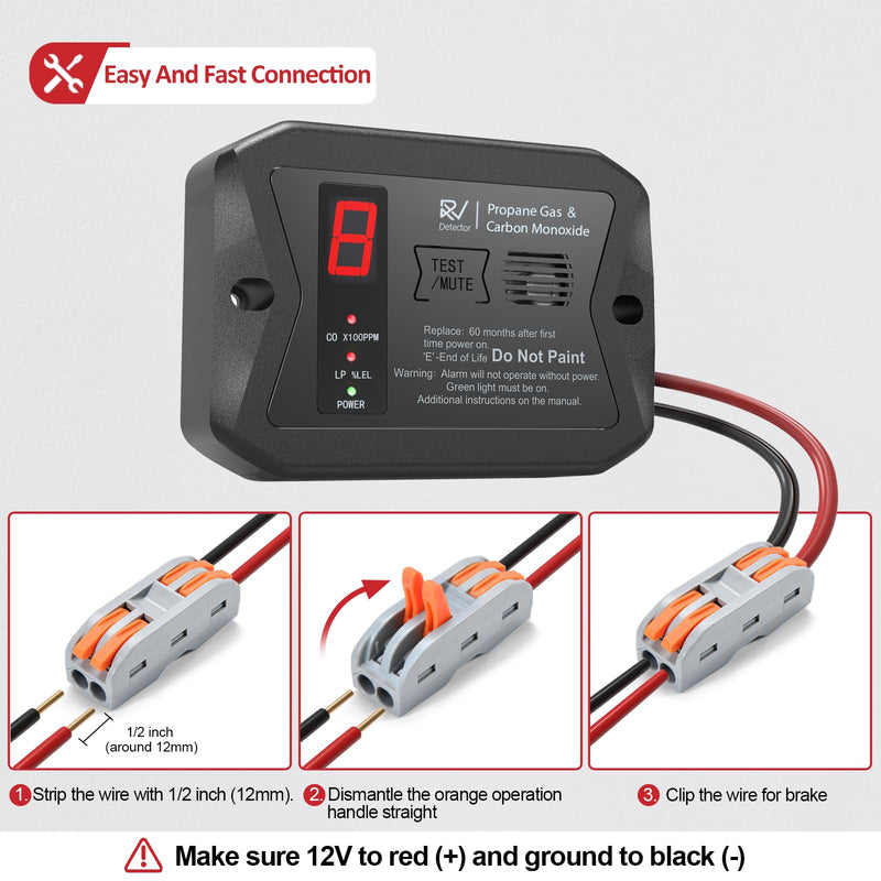 RV Dual LP/CO Alarm, RV Carbon Monoxide & Propane Detector, Hardwired-12V DC with 3 Different Brackets for Motorhome Travel Trailer, Motor Coach, Truck Camper (R502 Black)