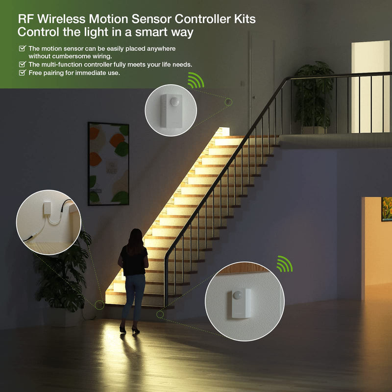 RAYZEEK Wireless Motion Sensor Controller Kit-No Wiring Mini PIR Sensor Switch 12/24VDC RF Wireless Control Led Strip Lights with Dimmable,Timer for Stairway(1 ×Controller+2 ×Motion Sensor) Controller*1+Motion Sensor*2