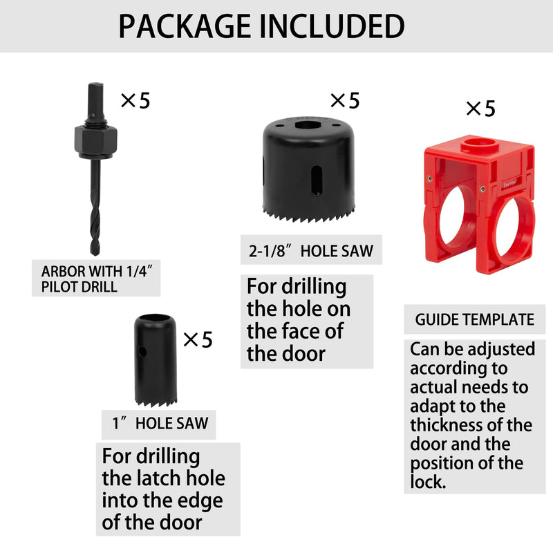 (5 Sets) RKK Door Lock Installation Kit, Door Lock Carbon Steel Hole Saw Set for Wooden Doors with Guide Template (5 Sets) 5 Sets
