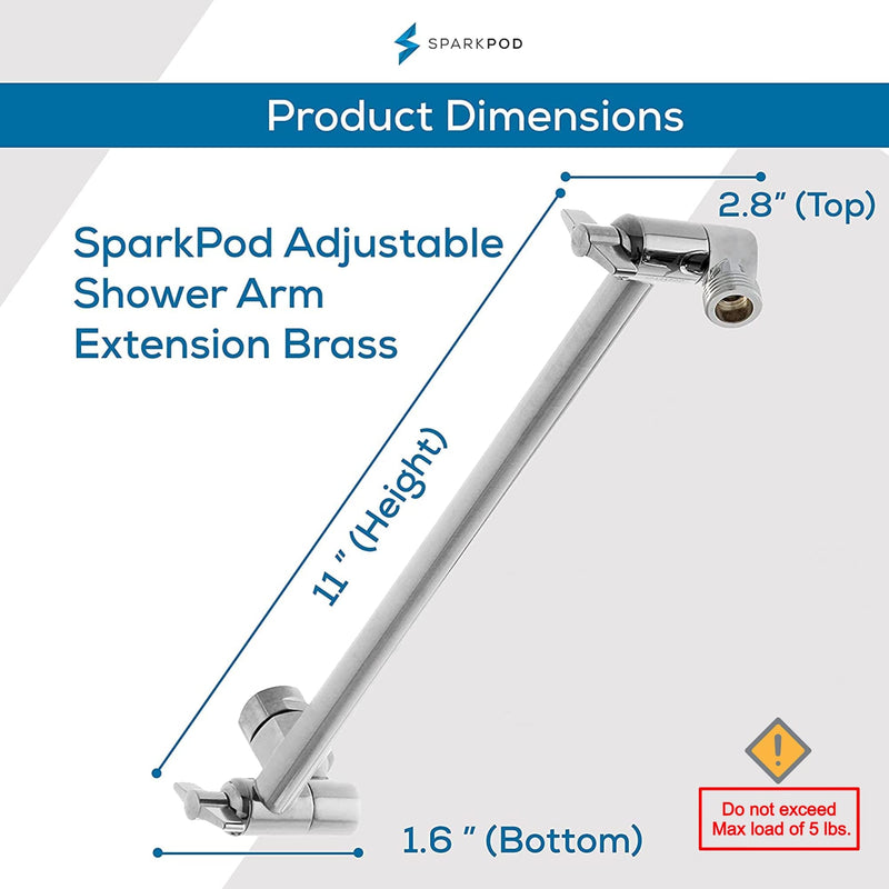 SparkPod 11" Solid Brass Shower Head Extension Arm - Flexible Height & Angle Adjustable Shower Arm Extension for Rain Showerheads with Sturdy Lock - Universal Pipe Connection (Luxury Polished Chrome) 11 Inch Adjustable 1 - Luxury Polished Chrome