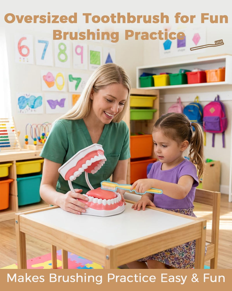 6X Teeth Mouth Model Set with White Hinge, Includes Tongue Depressor, Toothbrush and Letter Cards, 6X Enlarged Oral Cavity Model for Children's Brushing Training and Dental Hygiene Teaching