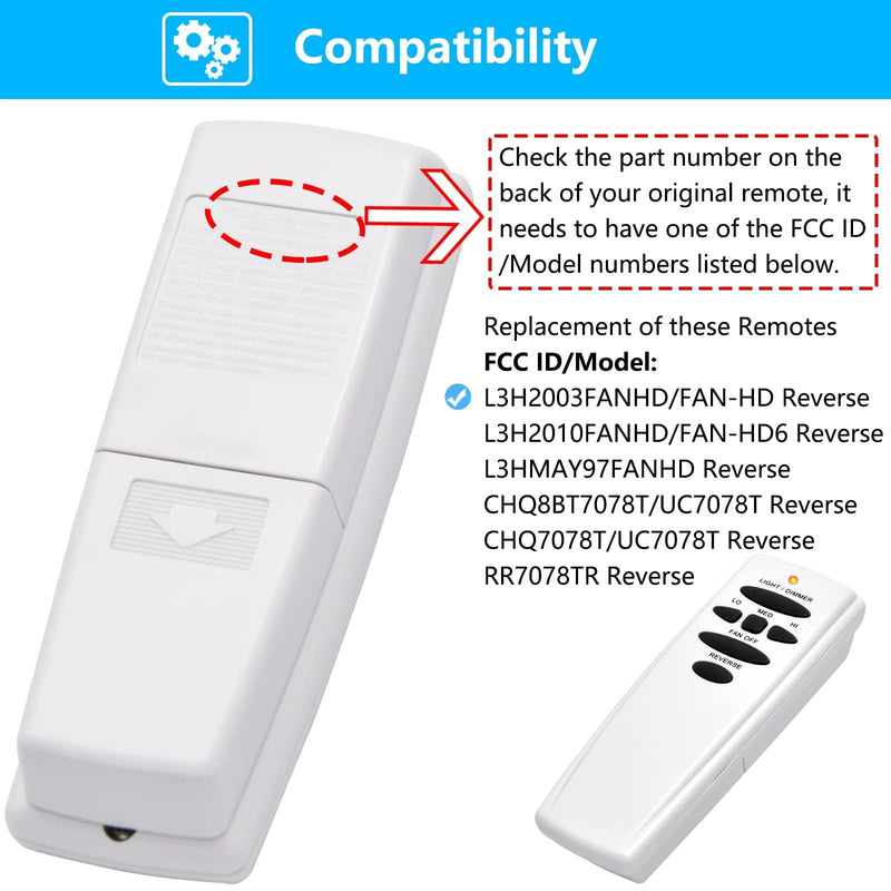 HD6 Ceiling Fan Remote Control Replacement for Hampton Bay Hunter, w/Reverse Light Dimmer 3-Speed Wall Mount,for UC7078T CHQ8BT7078T CHQ7078T L3HMAY97FANHD L3H2003FANHD Fan-HD(Remote Only) C: With Reverse