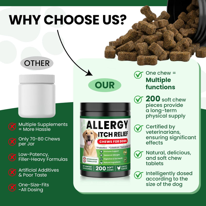 Dog Allergy Relief Chews, Supplement with Probiotics Vitamins, Itchy Skin Relief to Support Seasonal Allergy and Healthy Immune System, Skin and Coat Allergies,Itching & Paw Licking, 200 Soft Treats 200 PCS