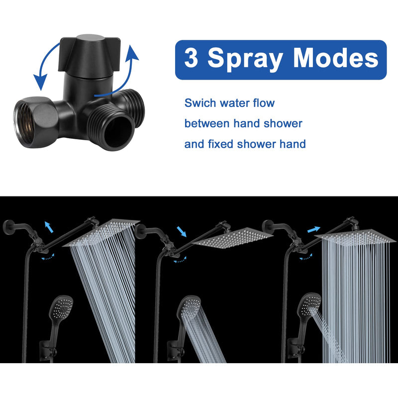 NearMoon Brass G1/2" 3-Way Shower Arm Diverter Valve for Dual Shower Head Combo, Connects Hand Shower and Fixed Spray Head Bathroom Component (Matte Black) Movable Nut Matte Black