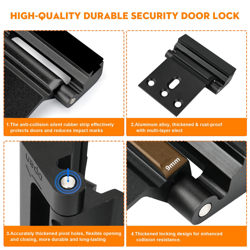 Home Security Door Reinforcement Lock, Upgraded Front Door Locks for Kids Safety Withstand 800 lbs, Child Proof Door Lock, Extra Door Lock from Inside Prevent Unauthorized Entry (2 Pack, Black) 2