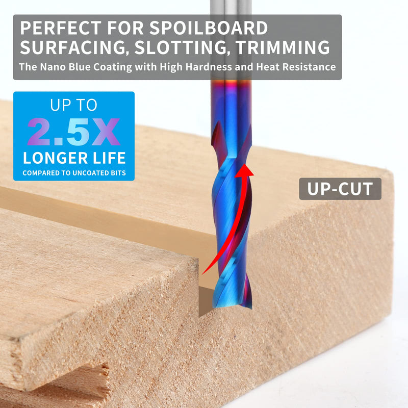 Upcut Spiral Router Bits 1/4 inch Shank, 1/4 inch Cutting Diameter Solid Carbide with Nano Blue Coating CNC Router Bits End Mill for Wood Cut, Carving, Edge Trimming UP CUT