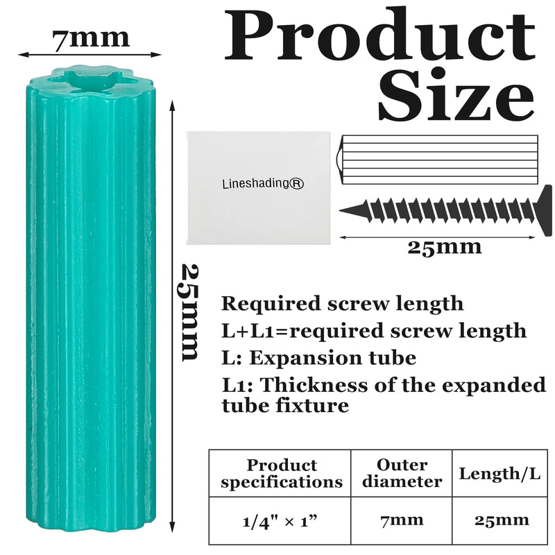 200 Pcs Expanding Plastic Screw Anchors 1/4" Hole Green Plastic Anchors for Concrete Tile Cement Bolt Expansion Tube for #10,11,12 Screws, Fix to Wall Drywall or Other Surface(1") 1"
