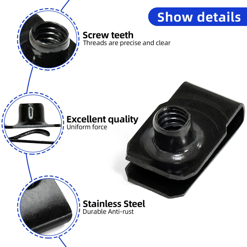1/4"-20 Black U-Style Clip-On Nut, U-Type Carbon Steel Regular Extruded U-Nut, Pack of 20 1/4"-20 Black Carbon Steel